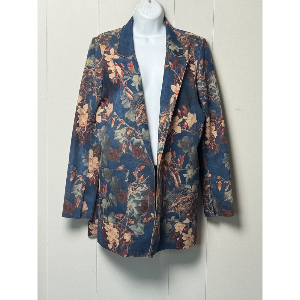 NWT Solitaire Women's Floral Open Front Blazer Blue Faux Suede Jacket Size M